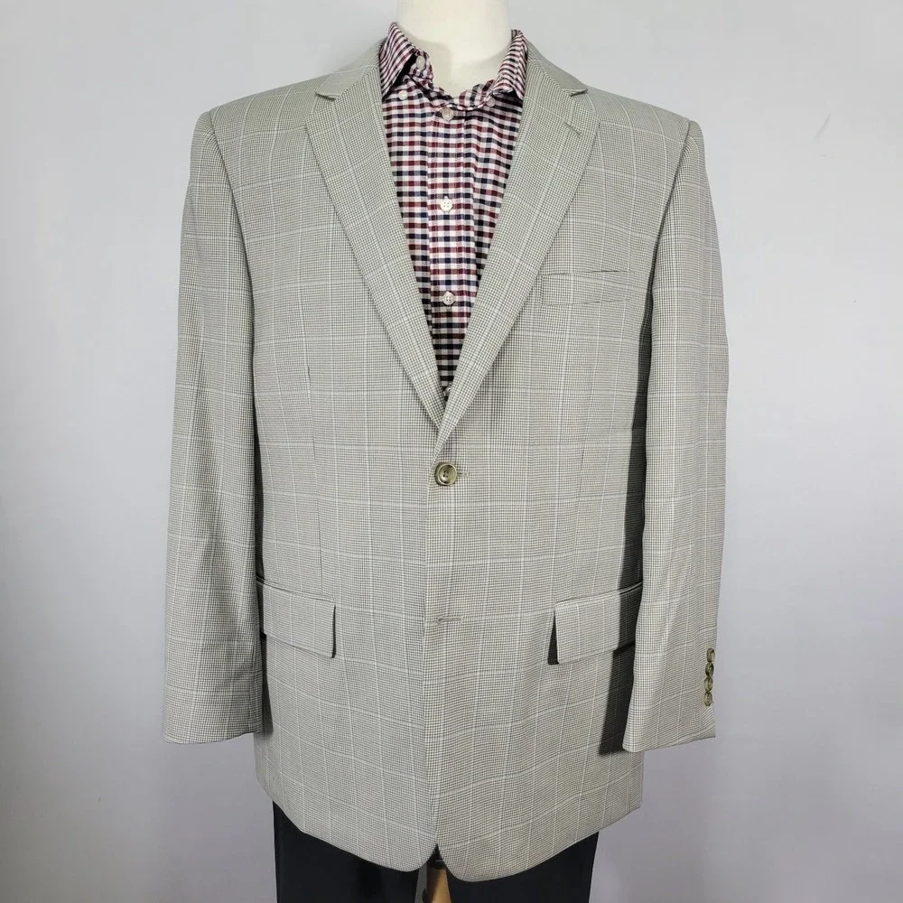 Joseph Feiss Men's Sport Coat‎ Blazer Two Button Gray Plaid Wool Polyester 46R